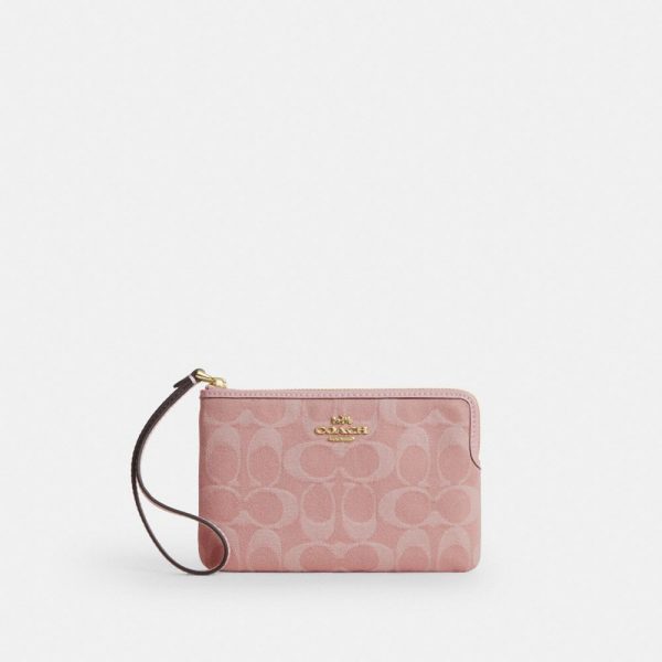 Coach Corner Zip Wristlet In Signature Denim Brass/Light Pink
