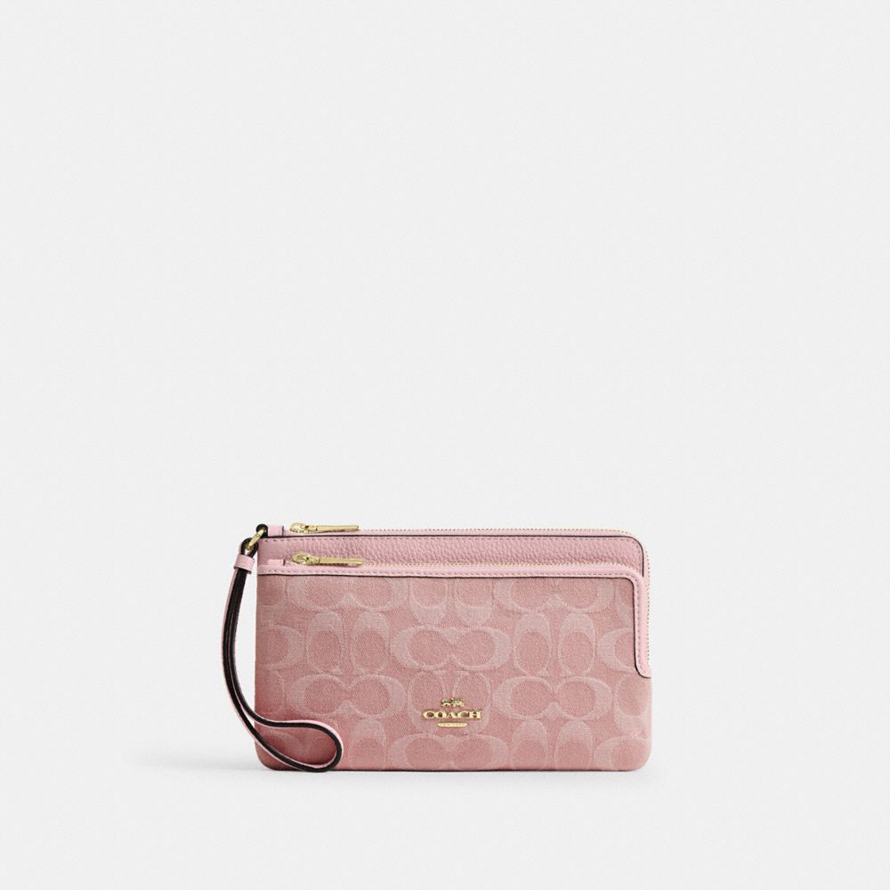 Coach Double Zip Wallet In Signature Denim Brass/Light Pink