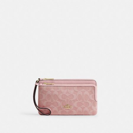 Coach Double Zip Wallet In Signature Denim Brass/Light Pink