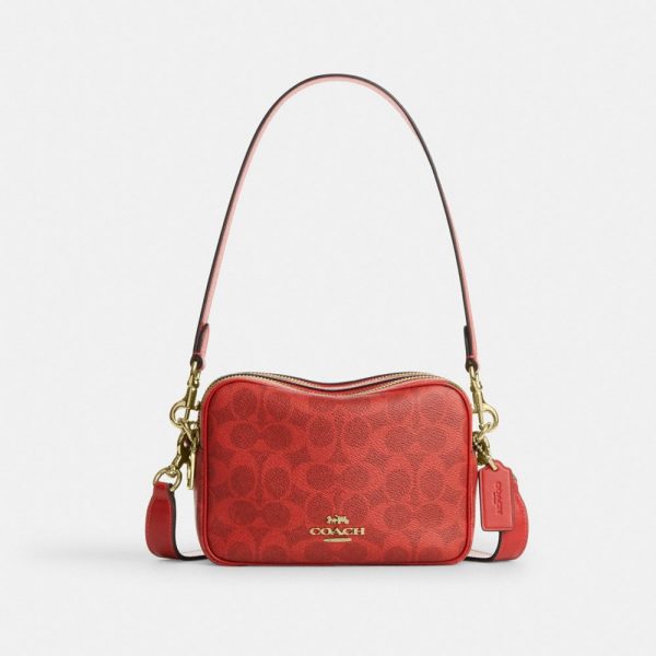 Coach Mini Carey Crossbody Bag In Signature Canvas Brass/Crimson