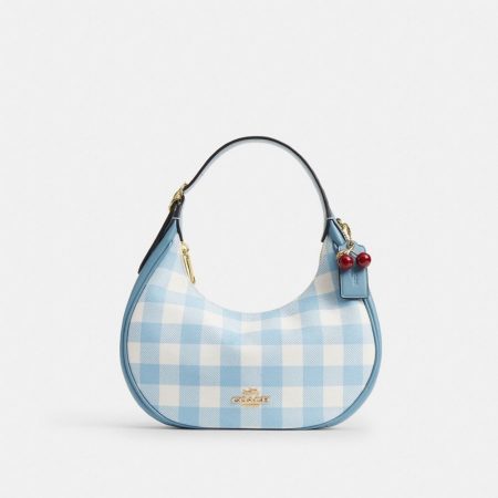 Coach Emily Shoulder Bag With Gingham Print And Charm Brass/Blue Multi