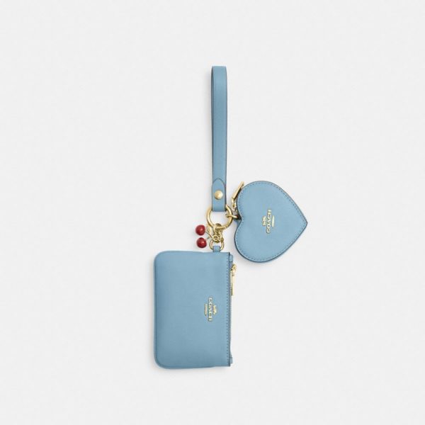 Coach Wristlet And Heart Pouch With Charm Brass/Light Blue