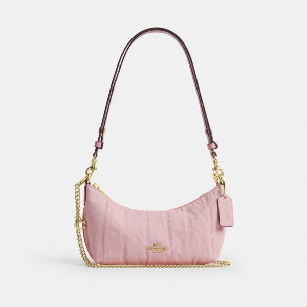 Coach Caitlin Shoulder Bag In Regenerative Cotton With Quilting And Charm Brass/Light Pink