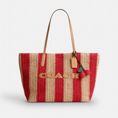 Coach City Tote Bag With Stripes And Charm Brass/Red/Tan