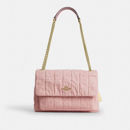 Coach Elodie Crossbody Bag In Loved Denim With Quilting Brass/Light Pink