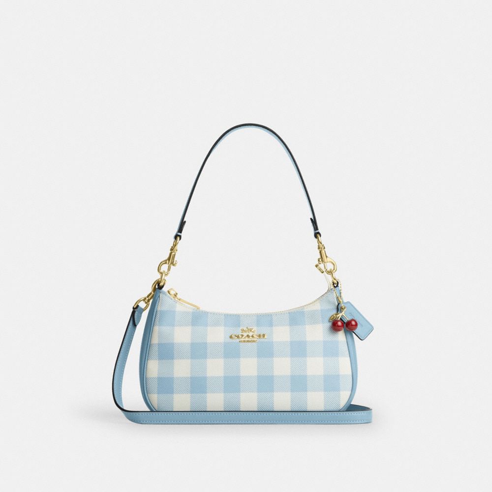 Coach Teri Shoulder Bag With Gingham Print And Charm Brass/Blue Multi