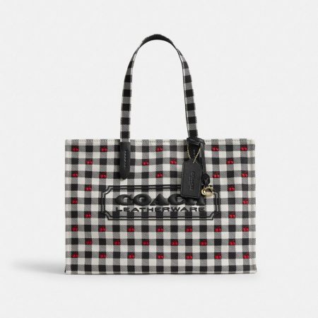 Coach Tote Bag With Gingham Print Brass/Black Multi