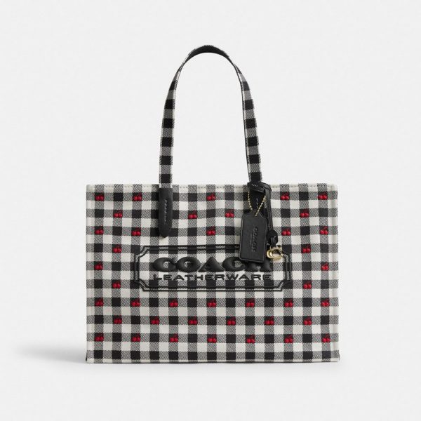 Coach Tote Bag With Gingham Print Brass/Black Multi