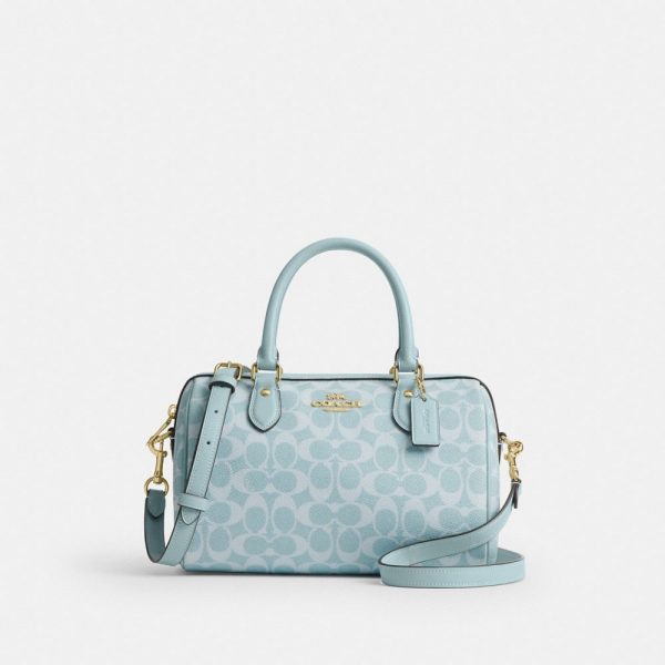 Coach Rowan Satchel Bag In Signature Canvas Brass/Light Blue