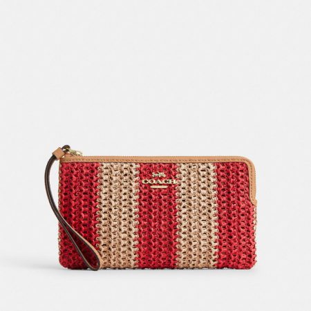 Coach Large Corner Zip Wristlet Brass/Red/Tan