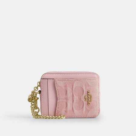 Coach Zip Card Case In Signature Denim With Charm Brass/Light Pink