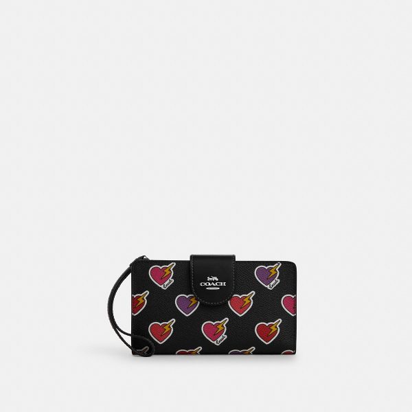 Coach Tech Phone Wallet With Heart Bolt Print Silver/Black Multi - Ready Stock Malaysia official Coach image a0