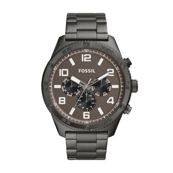 Fossil Brox BQ2533 multifunction smoke stainless steel watch, front view