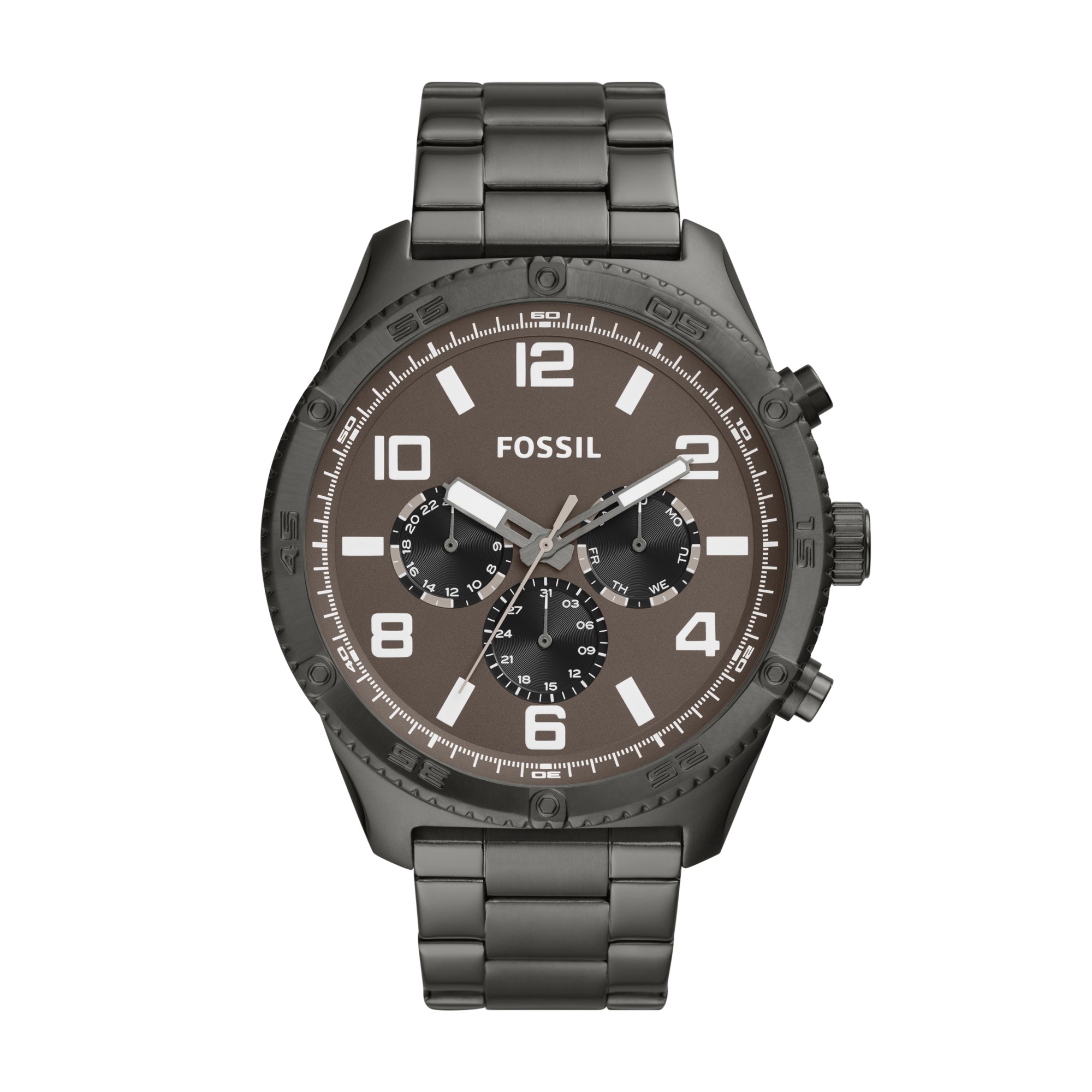 Fossil Brox BQ2533 multifunction smoke stainless steel watch, front view