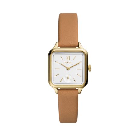 Fossil Colleen BQ3909 gold-tone watch with brown leather strap front view