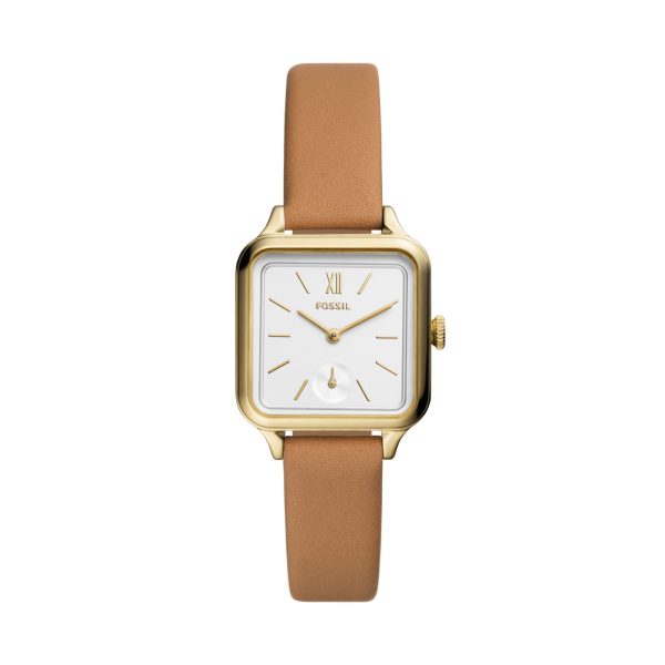 Fossil Colleen BQ3909 gold-tone watch with brown leather strap front view