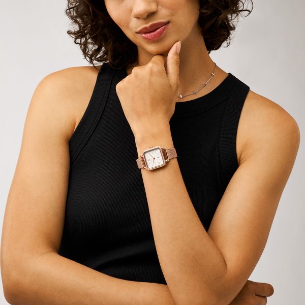 Fossil Colleen BQ3971 rose gold-tone mesh watch worn on wrist