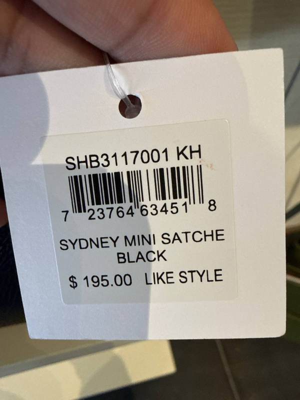 Fossil Sydney Mini Satchel Black SHB3117001 product tag with UPC 723764634518