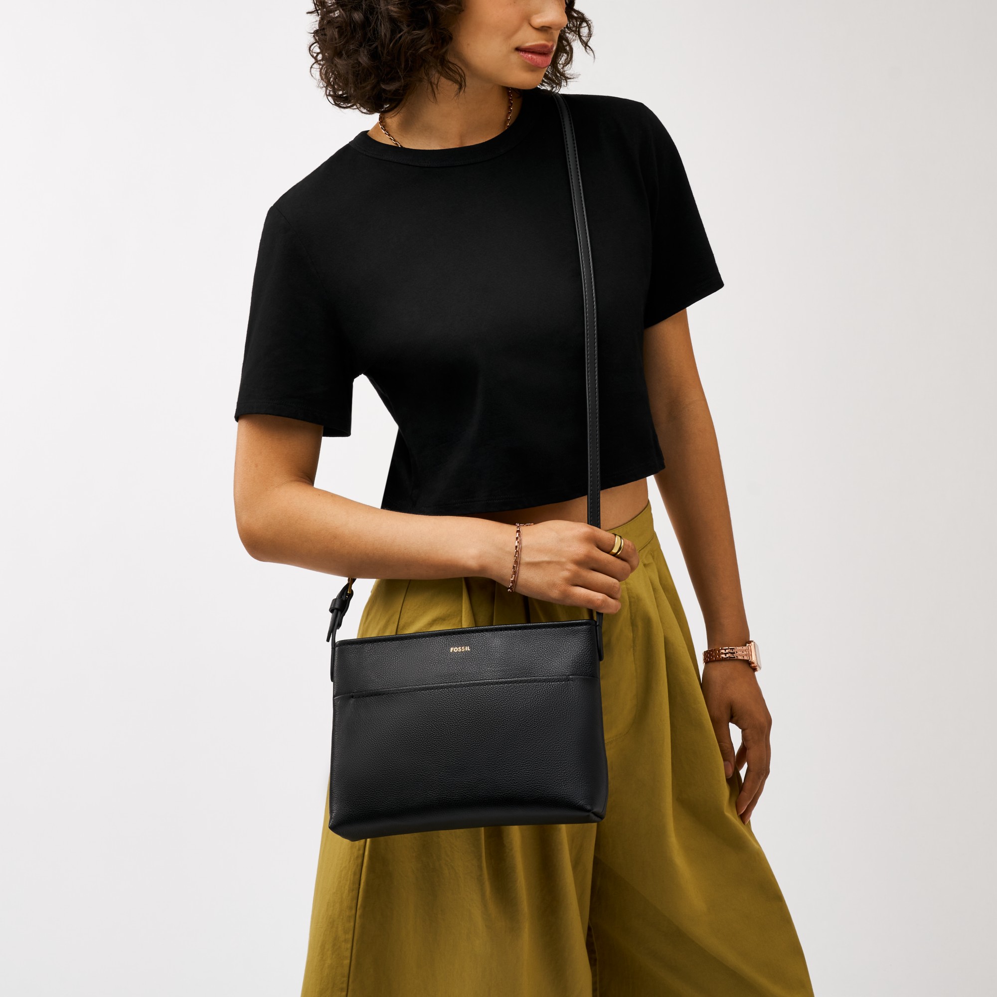 Fossil Phoebe Small Crossbody Black on model
