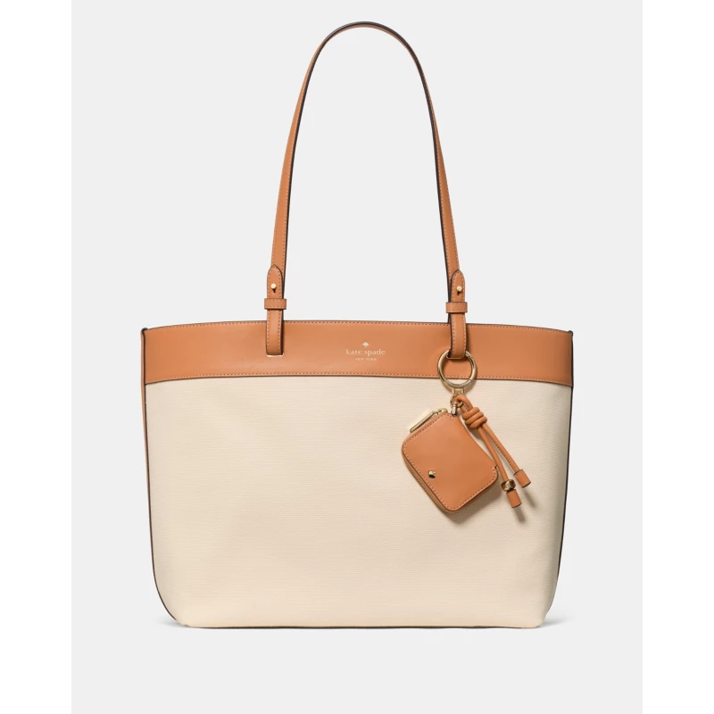 Kate Spade Outlet Tessa Tote Bag With Charm KP056 Light Saddle Multi canvas smooth leather trim gold hardware
