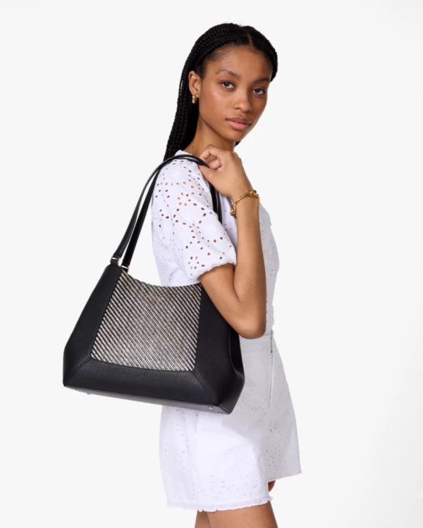 Kate Spade Lena Straw Triple Compartment Shoulder Bag Black Multi - Preorder