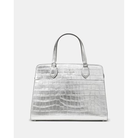 Kate Spade Madison Metallic Croc Embossed Medium Satchel in Silver - Preorder