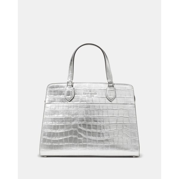 Kate Spade Madison Metallic Croc Embossed Medium Satchel in Silver - Preorder