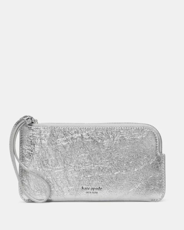 Kate Spade Zippy Crinkle Metallic Wristlet Silver - Preorder