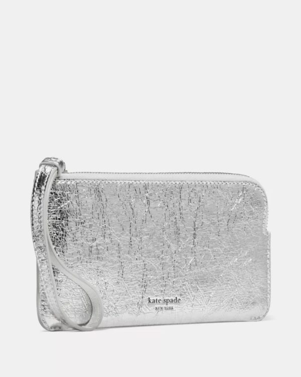 Kate Spade Zippy Crinkle Metallic Wristlet Silver - Preorder