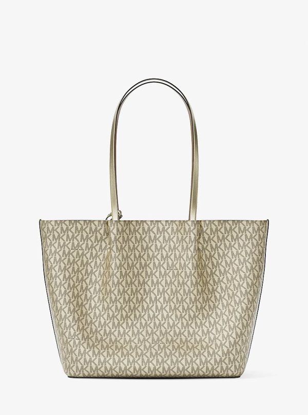 Michael Kors Carson Large Metallic Signature Logo Tote Bag in Pale Gold, rear view
