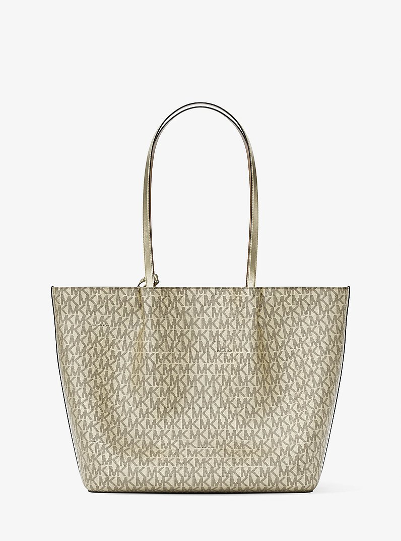 Michael Kors Carson Large Metallic Signature Logo Tote Bag in Pale Gold, rear view