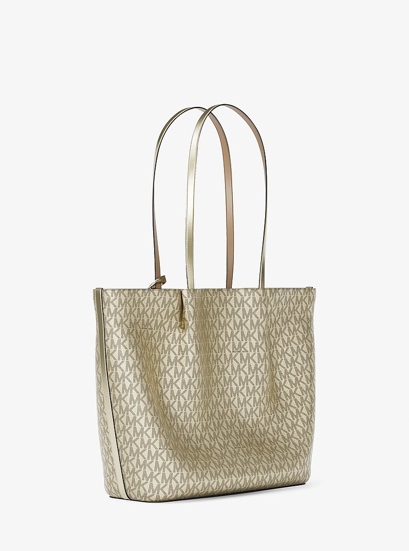 Michael Kors Carson Large Metallic Signature Logo Tote Bag in Pale Gold, side profile view
