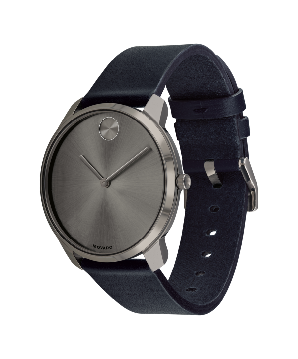 Movado BOLD Thin 42mm Grey Dial Blue Leather Men's Watch 3600586 — profile view