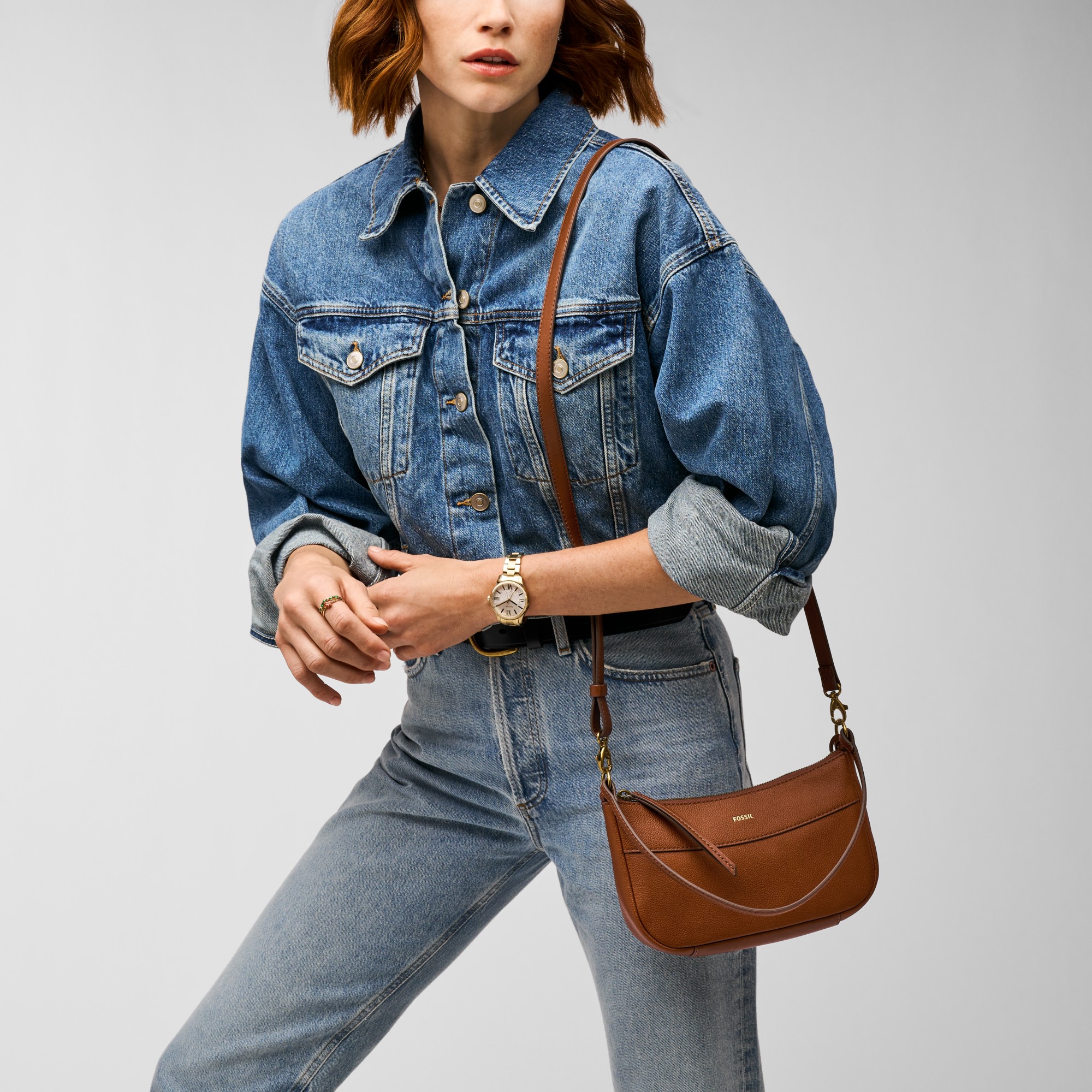 Fossil Skylar Small Crossbody Medium Brown on model - Ready Stock Malaysia