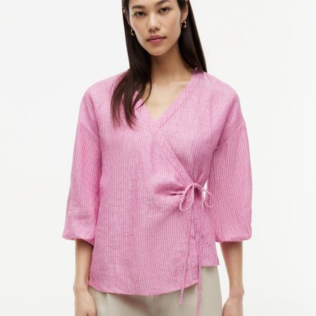 Tommy Hilfiger Relaxed Fit Linen Side-Tie Blouse in Mini Classic Pink Stripe