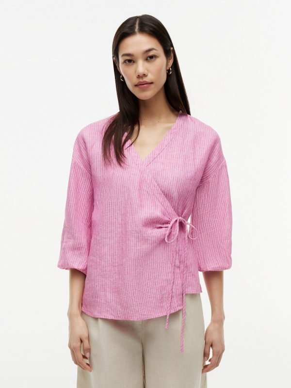 Tommy Hilfiger Relaxed Fit Linen Side-Tie Blouse in Mini Classic Pink Stripe
