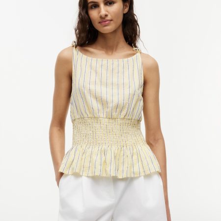 Tommy Hilfiger Cotton-Blend Shirred Seersucker Tank Top in Stripe Citronella
