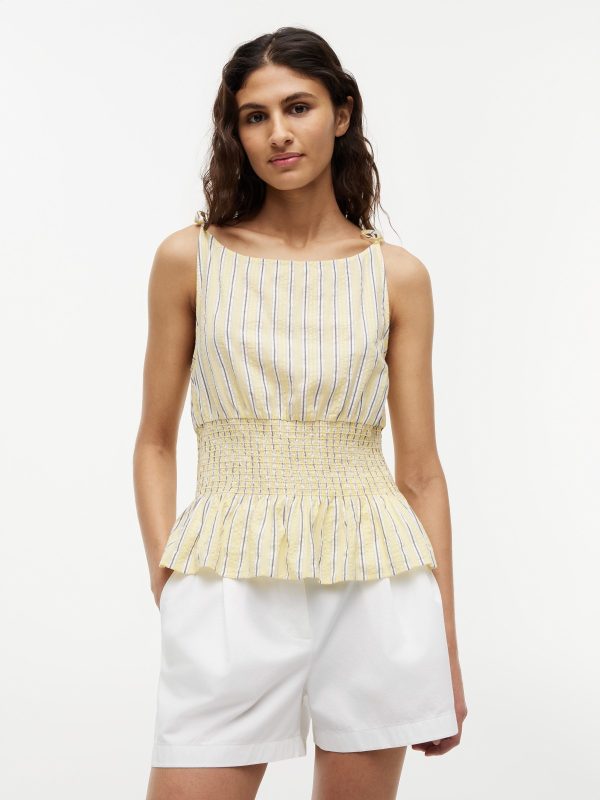 Tommy Hilfiger Cotton-Blend Shirred Seersucker Tank Top in Stripe Citronella