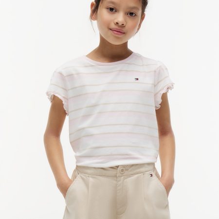 Tommy Hilfiger Kids' Stripe Lettuce-Trim Sleeve T-Shirt in Light Pink