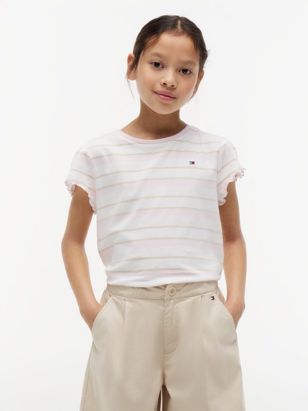Tommy Hilfiger Kids' Stripe Lettuce-Trim Sleeve T-Shirt in Light Pink