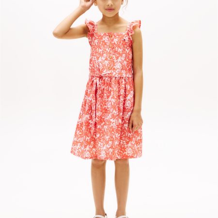 Tommy Hilfiger Kids' Floral Print Ruffle-Strap Dress in Bright Vermillion