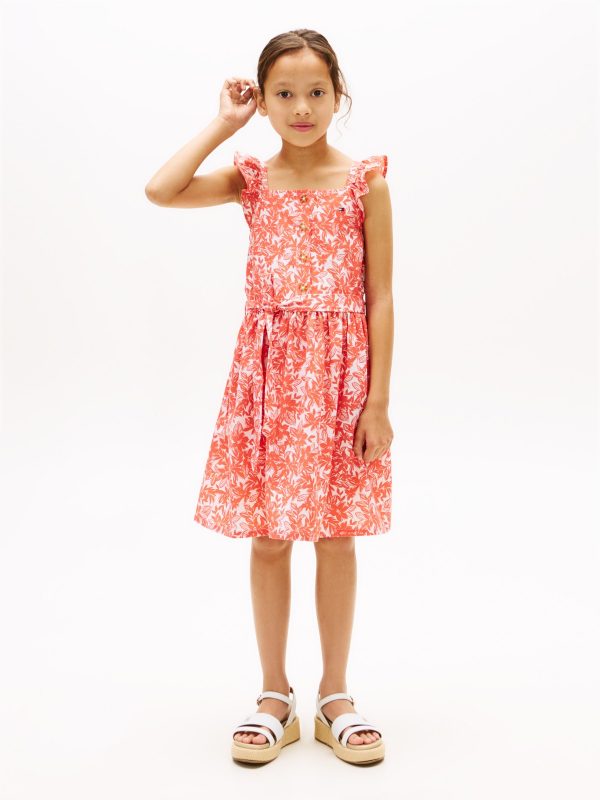 Tommy Hilfiger Kids' Floral Print Ruffle-Strap Dress in Bright Vermillion
