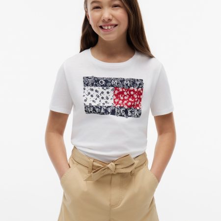 Tommy Hilfiger Kids' Floral Flag Logo T-Shirt in Optic White