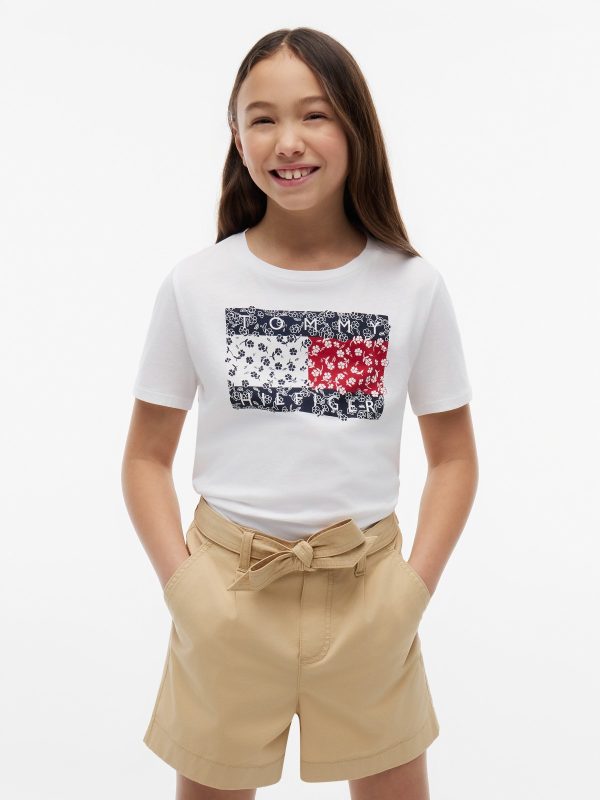 Tommy Hilfiger Kids' Floral Flag Logo T-Shirt in Optic White