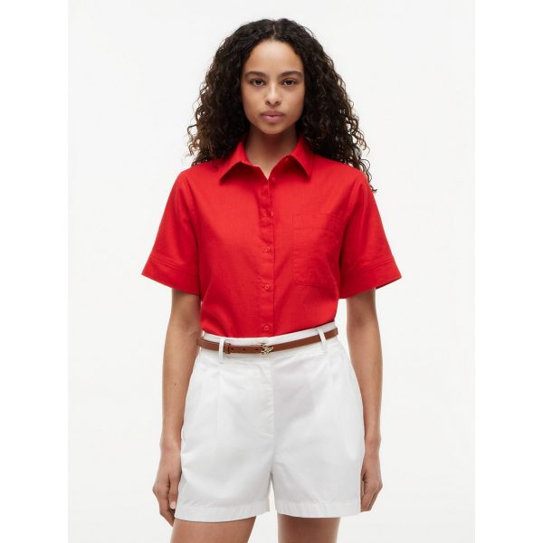 Tommy Hilfiger Short-Sleeve Linen-Blend Shirt in Deep Crimson