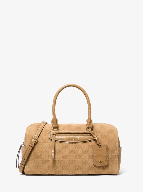 Michael Kors Jet Set Travel Medium Logo Embossed Suede Duffel Crossbody Bag