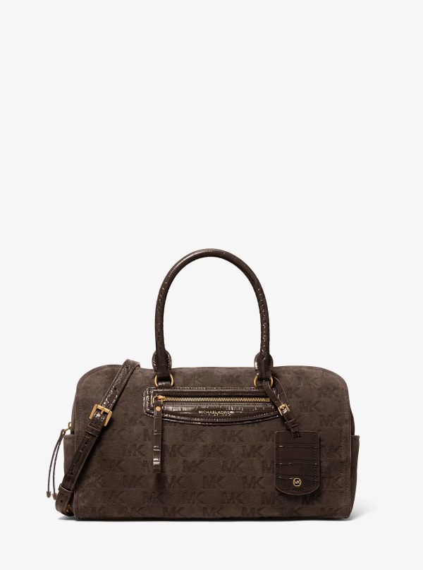 Michael Kors Jet Set Travel Medium Logo Embossed Suede Duffel Crossbody Bag