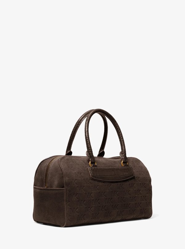 Michael Kors Jet Set Travel Medium Logo Embossed Suede Duffel Crossbody Bag