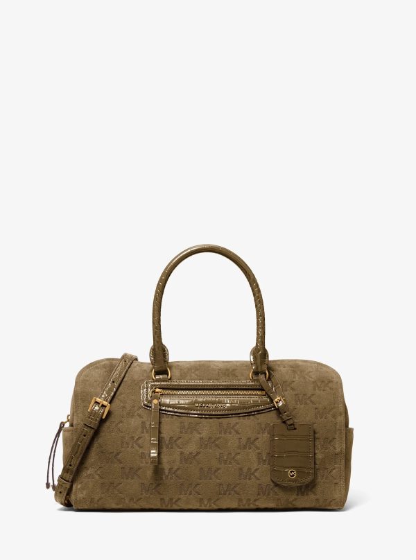 Michael Kors Jet Set Travel Medium Logo Embossed Suede Duffel Crossbody Bag