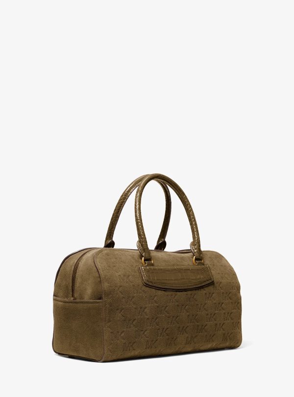 Michael Kors Jet Set Travel Medium Logo Embossed Suede Duffel Crossbody Bag